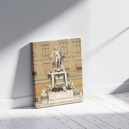 A picture of Mozart Monument, Vienna, Austro-Hungary, a mockup of the print leaning against a wall