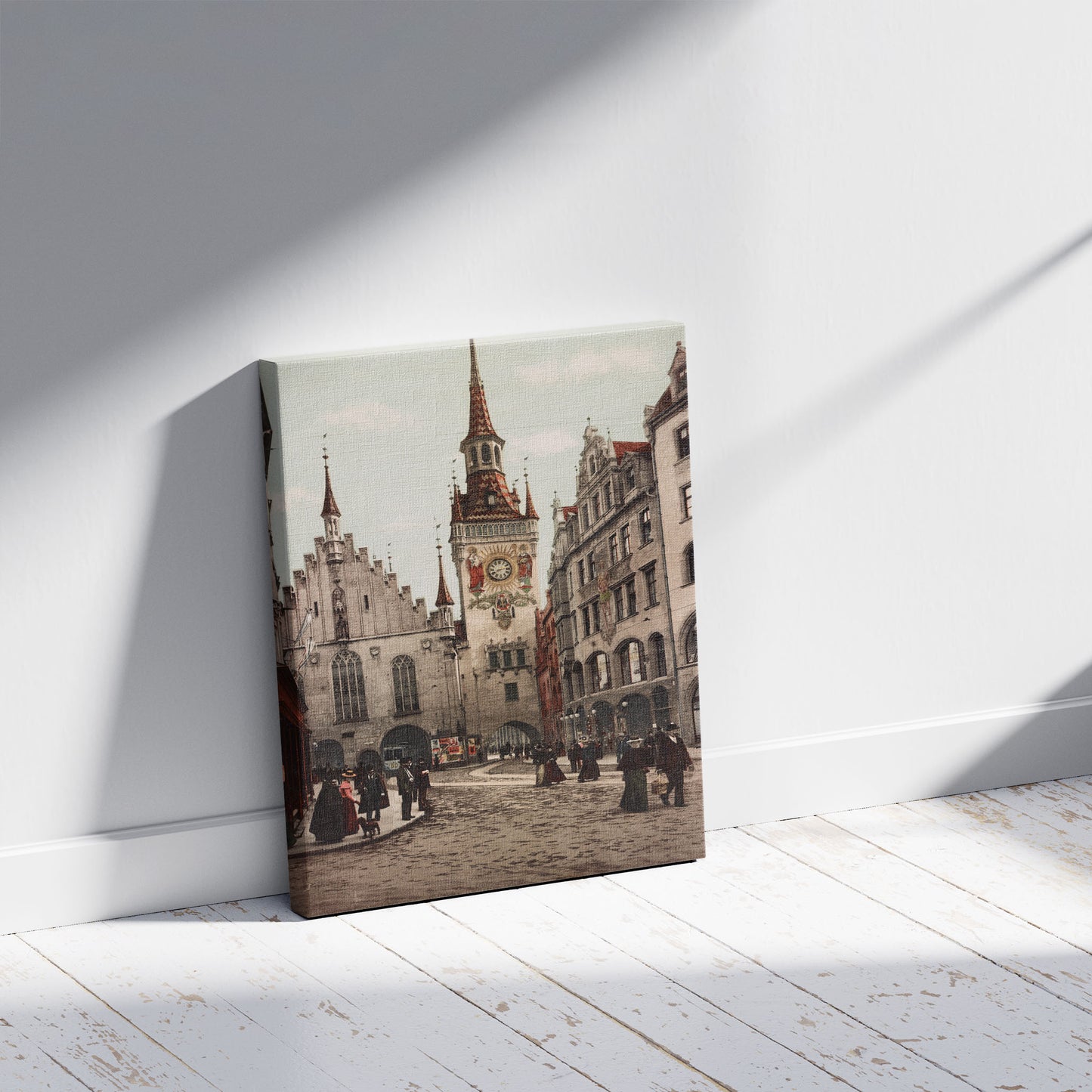 A picture of München. Altes rathaus, a mockup of the print leaning against a wall