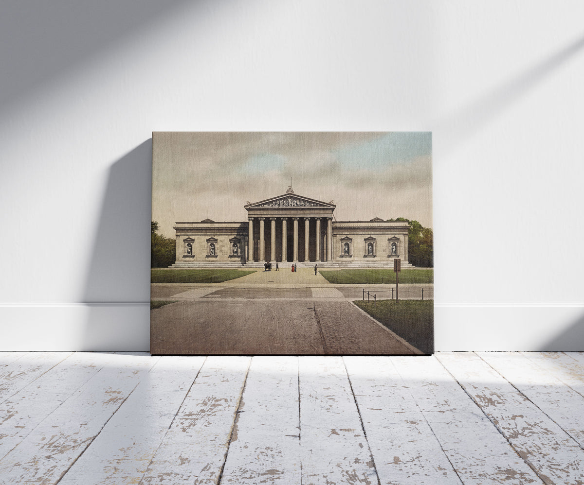 A picture of München. Die Glypothek, a mockup of the print leaning against a wall