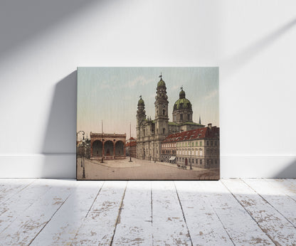A picture of München. Theatinerkirche mit Feldherrnhalle, a mockup of the print leaning against a wall