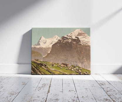 A picture of Murren, general view, Bernese Oberland, Switzerland, a mockup of the print leaning against a wall