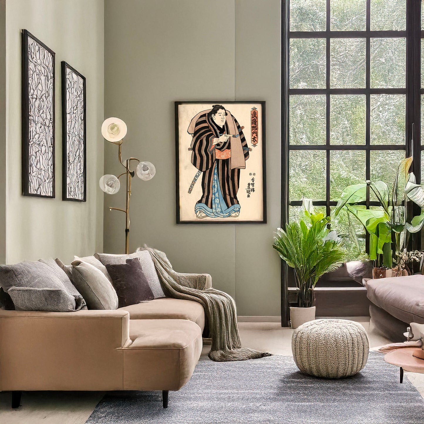 A picture of Musashi no Monta, a mockup of the print leaning against a wall