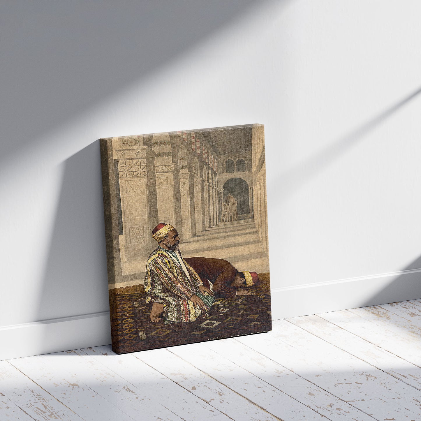 A picture of Mussulmans praying, Holy Land, a mockup of the print leaning against a wall