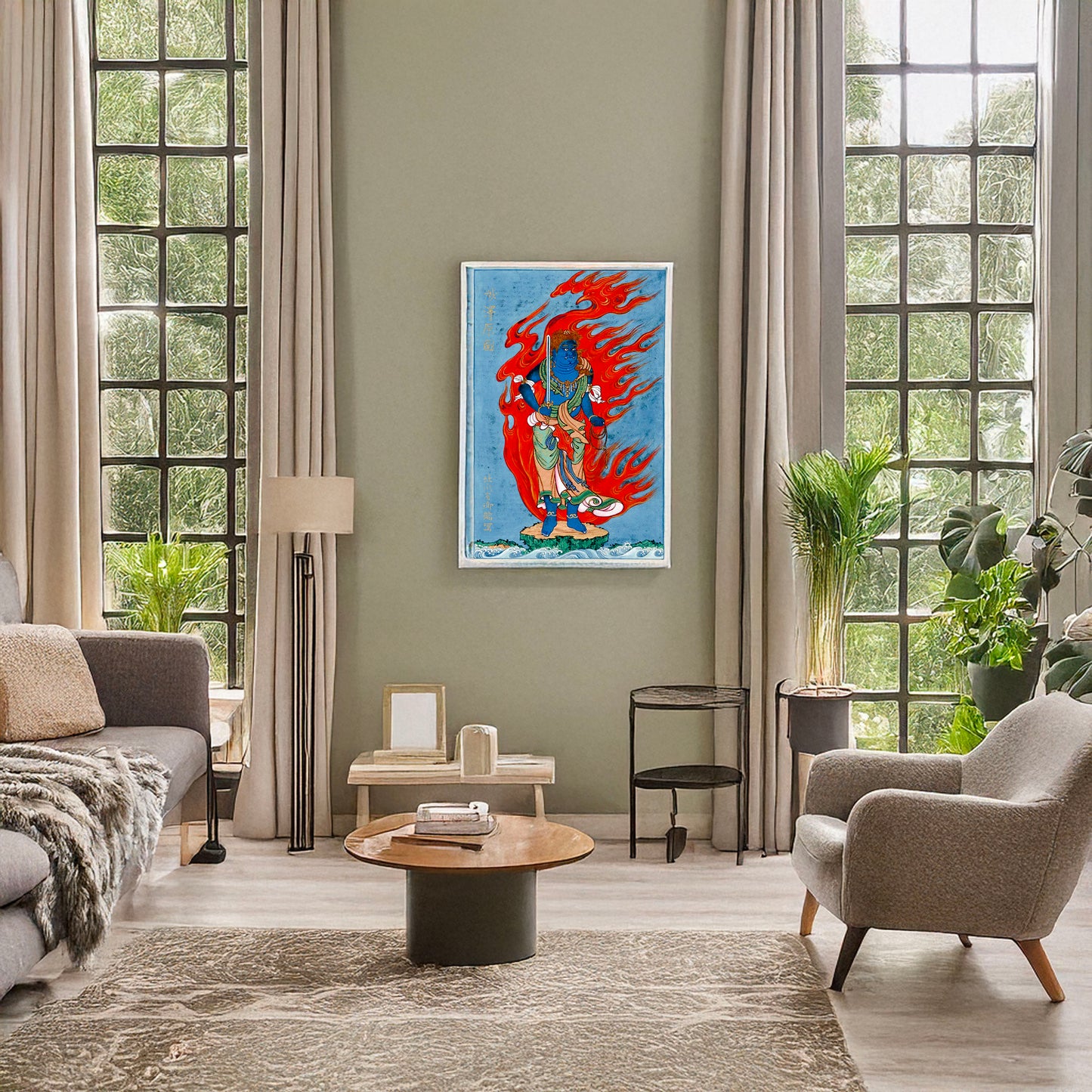 A picture of Mythological blue Buddhist or Hindu figure, full-length, standing on small island among waves, facing right, against backdrop of flames with phoenix head, a mockup of the print leaning against a wall
