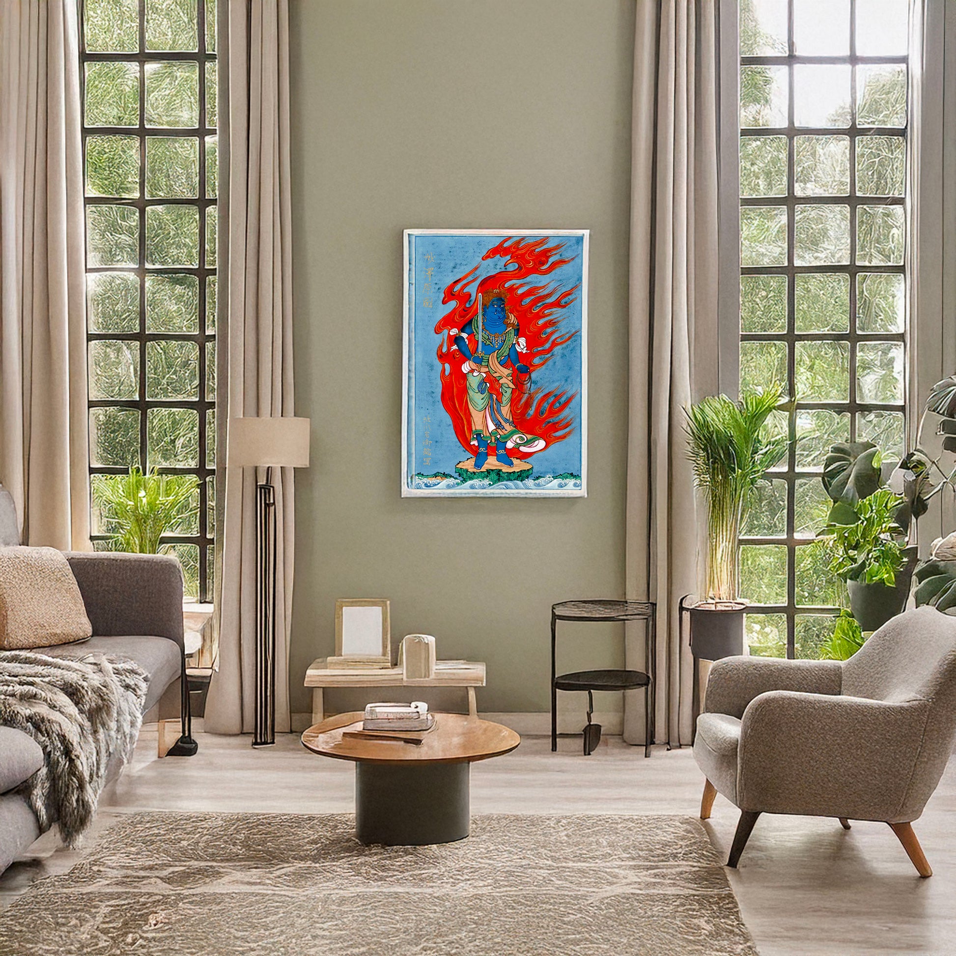 A picture of Mythological blue Buddhist or Hindu figure, full-length, standing on small island among waves, facing right, against backdrop of flames with phoenix head, a mockup of the print leaning against a wall
