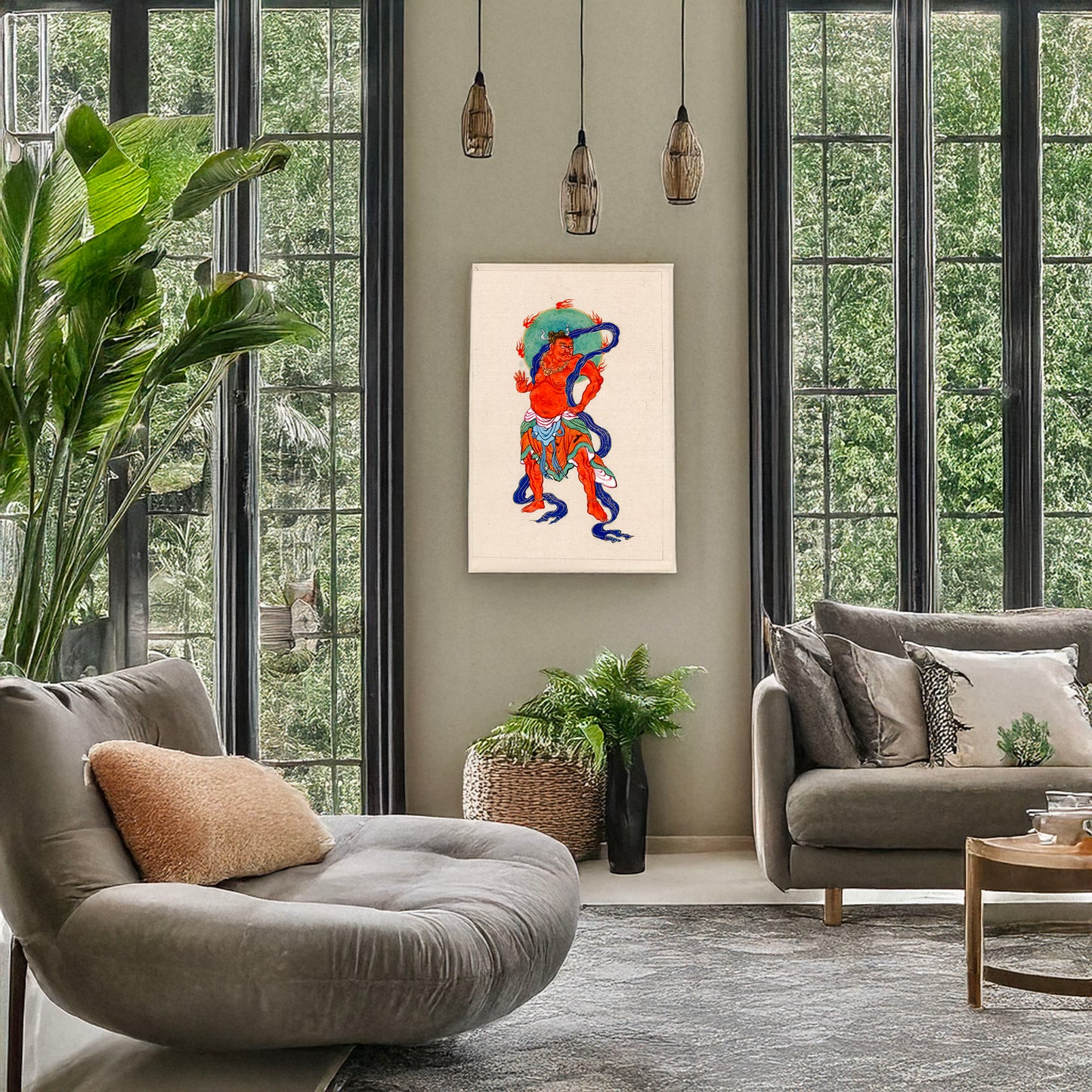 A picture of Mythological Buddhist or Hindu figure, full-length, standing, facing right, with long blue sash and flaming green halo behind his head, a mockup of the print leaning against a wall