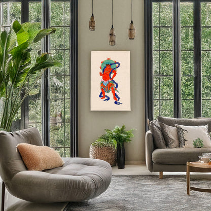 A picture of Mythological Buddhist or Hindu figure, full-length, standing, facing right, with long blue sash and flaming green halo behind his head, a mockup of the print leaning against a wall