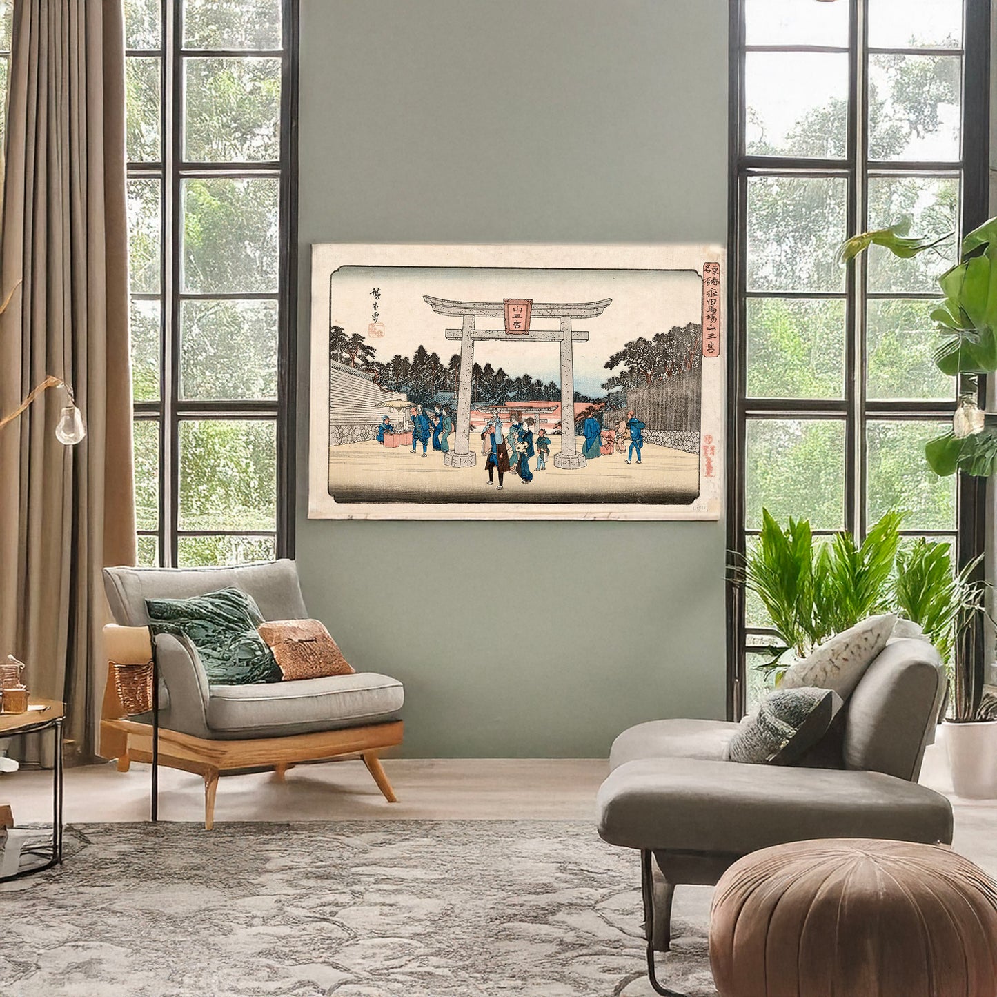 A picture of Nagata no baba sannōgū, a mockup of the print leaning against a wall