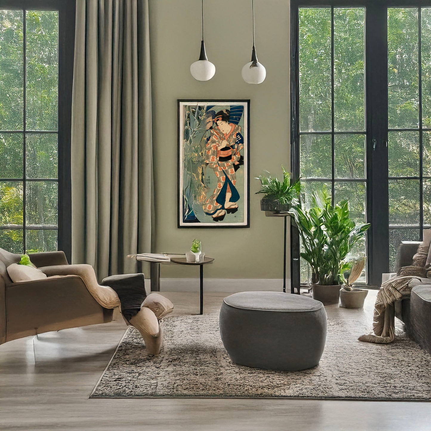 A picture of Nagauta no keiko ni kayou musume, a mockup of the print leaning against a wall