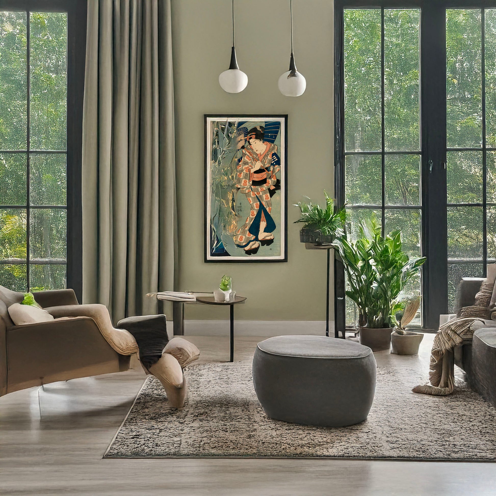 A picture of Nagauta no keiko ni kayou musume, a mockup of the print leaning against a wall