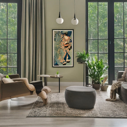 A picture of Nagauta no keiko ni kayou musume, a mockup of the print leaning against a wall