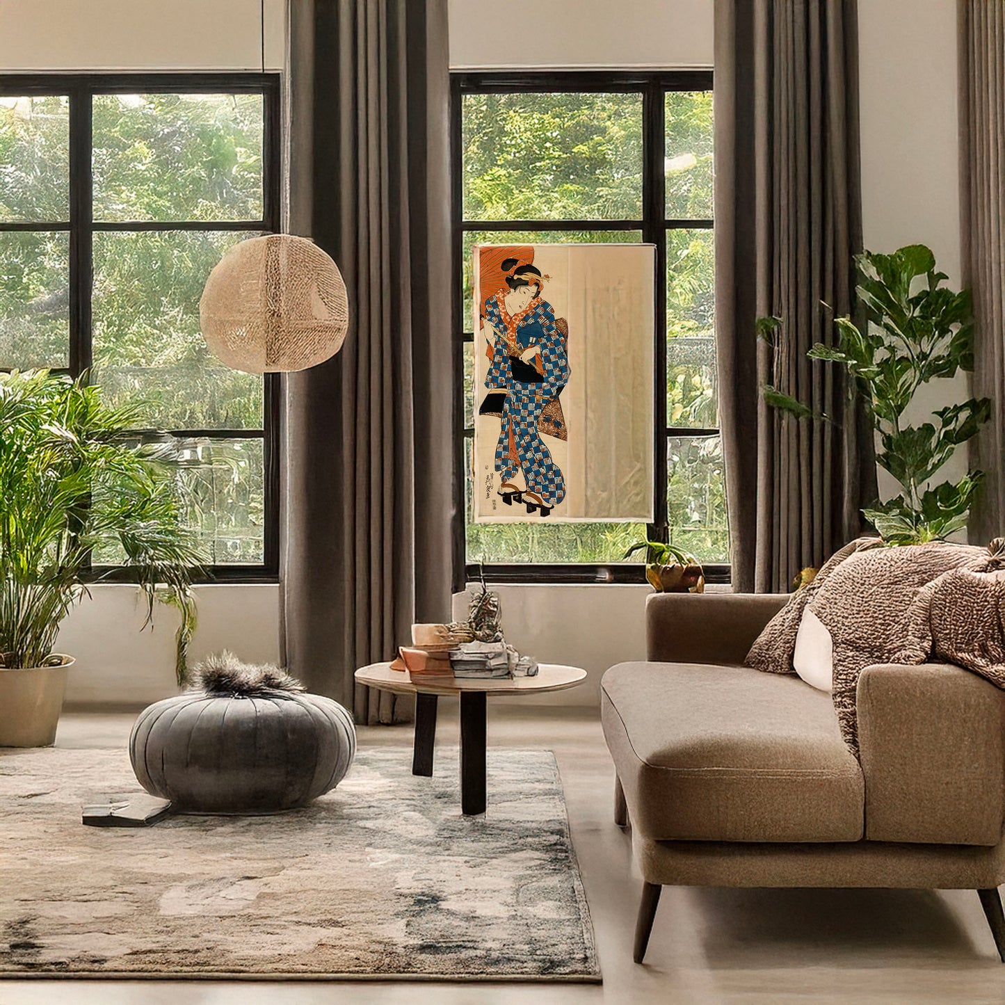 A picture of Nagauta no keiko ni kayou shōjo, a mockup of the print leaning against a wall