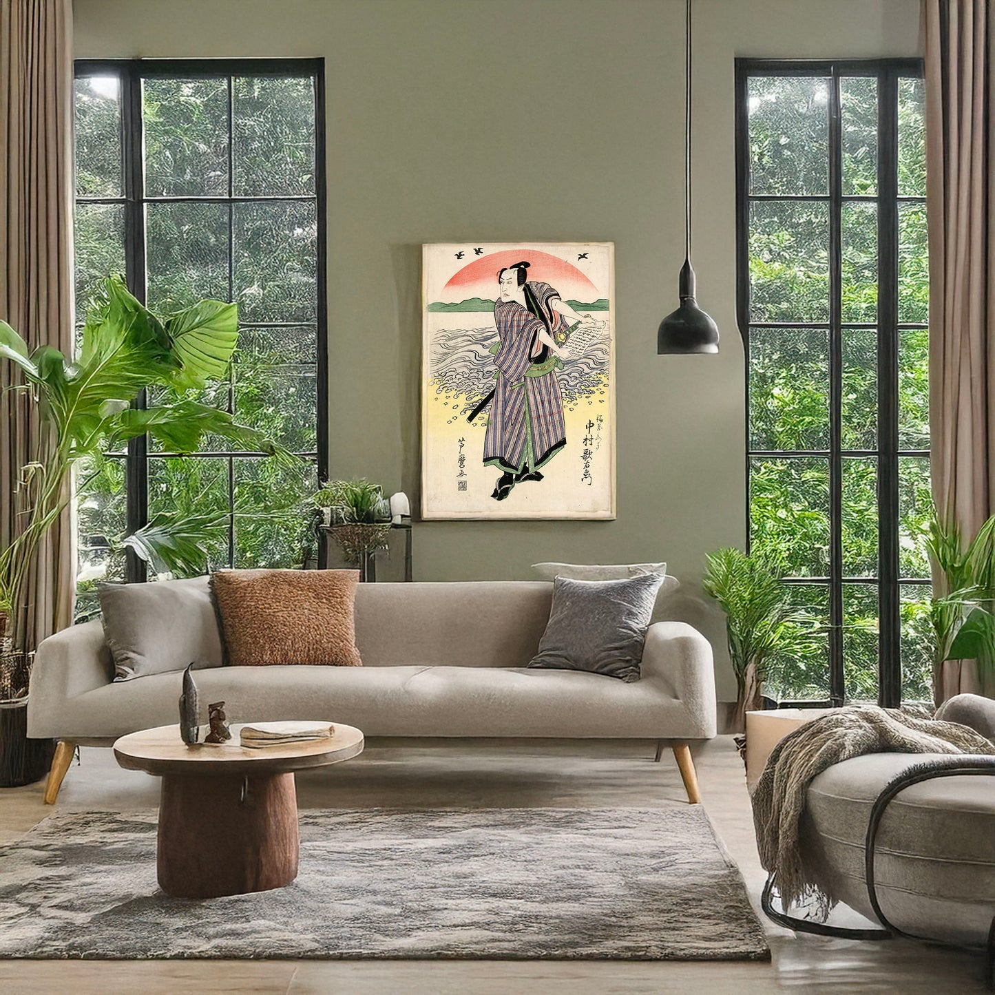 A picture of Nakamura utaemon no fukuoka mitsugi, a mockup of the print leaning against a wall