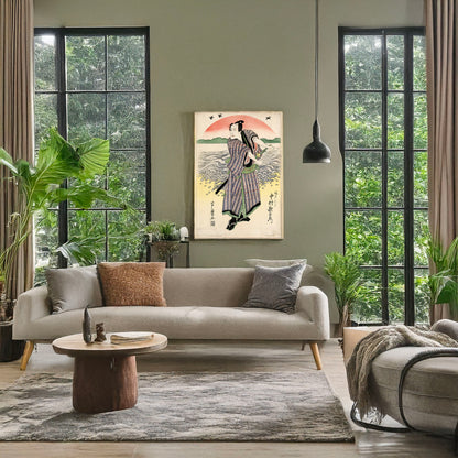 A picture of Nakamura utaemon no fukuoka mitsugi, a mockup of the print leaning against a wall