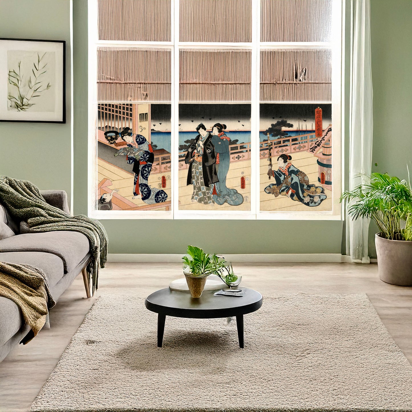 A picture of Naniwa no bessō akebono no zu, a mockup of the print leaning against a wall