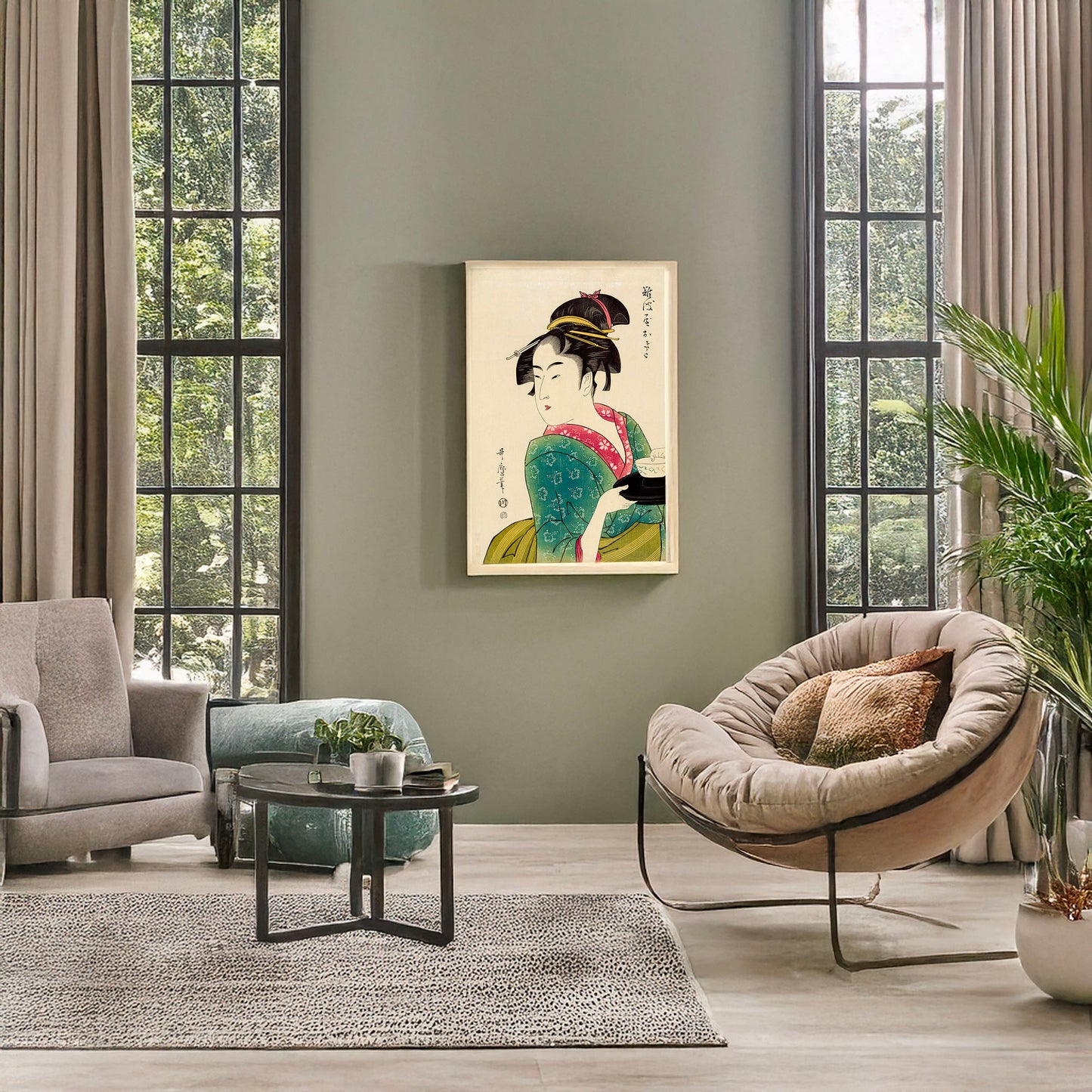 A picture of Naniwaya okita, a mockup of the print leaning against a wall