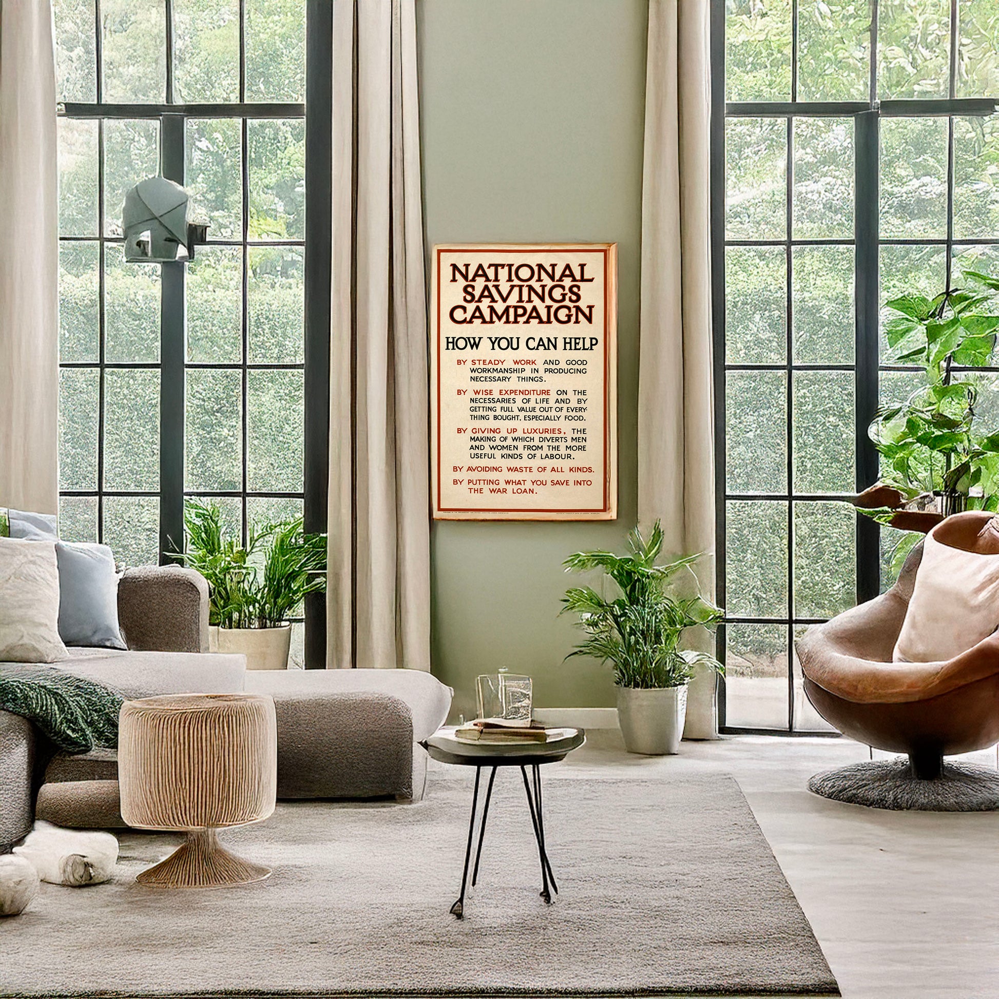 A picture of National savings campaign. How you can help, a mockup of the print leaning against a wall