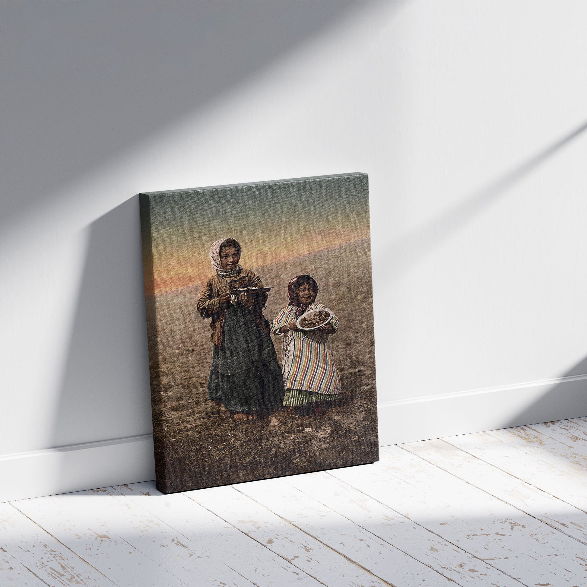 A picture of Native children from neighborhood of Jerusalem, Holy Land, a mockup of the print leaning against a wall