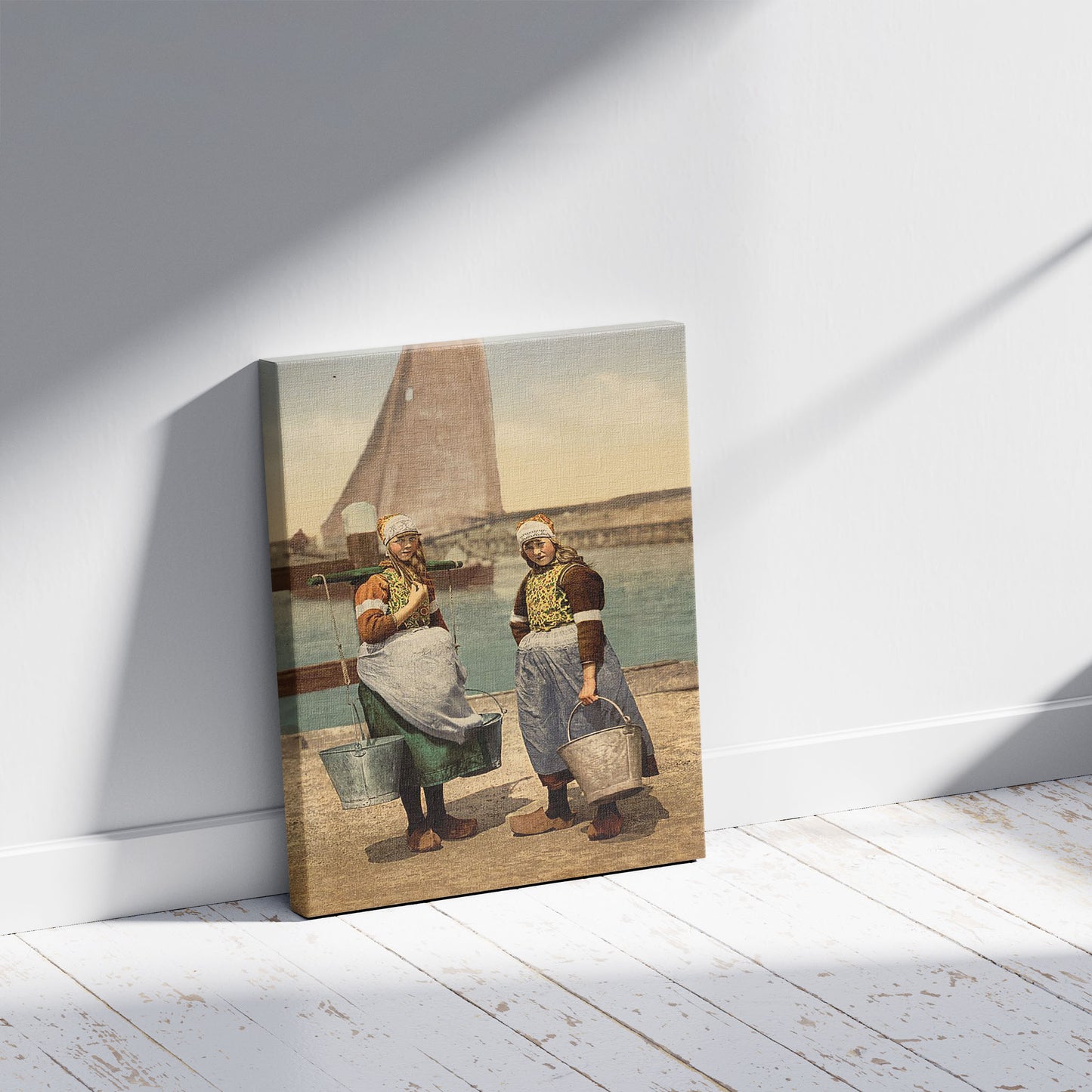 A picture of Native girls, Marken Island, Holland, a mockup of the print leaning against a wall