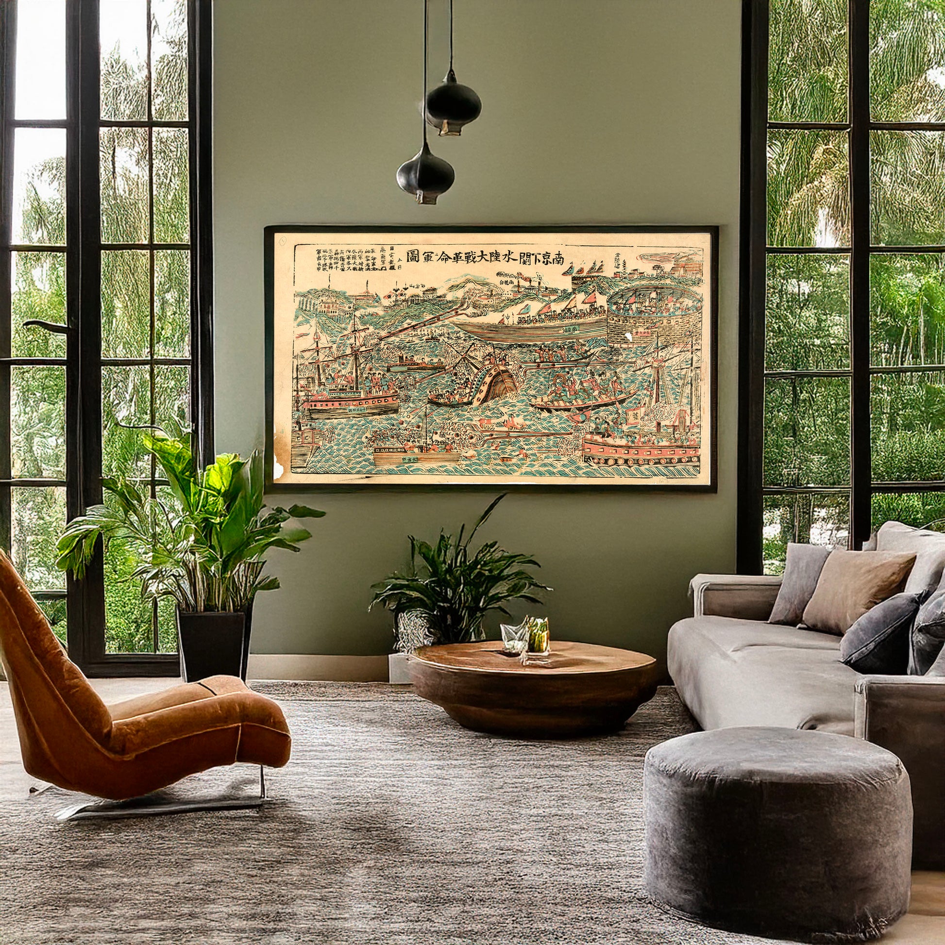 A picture of Naval battle scene - ships and small boats engaged in battle in a bay near a fort, a mockup of the print leaning against a wall