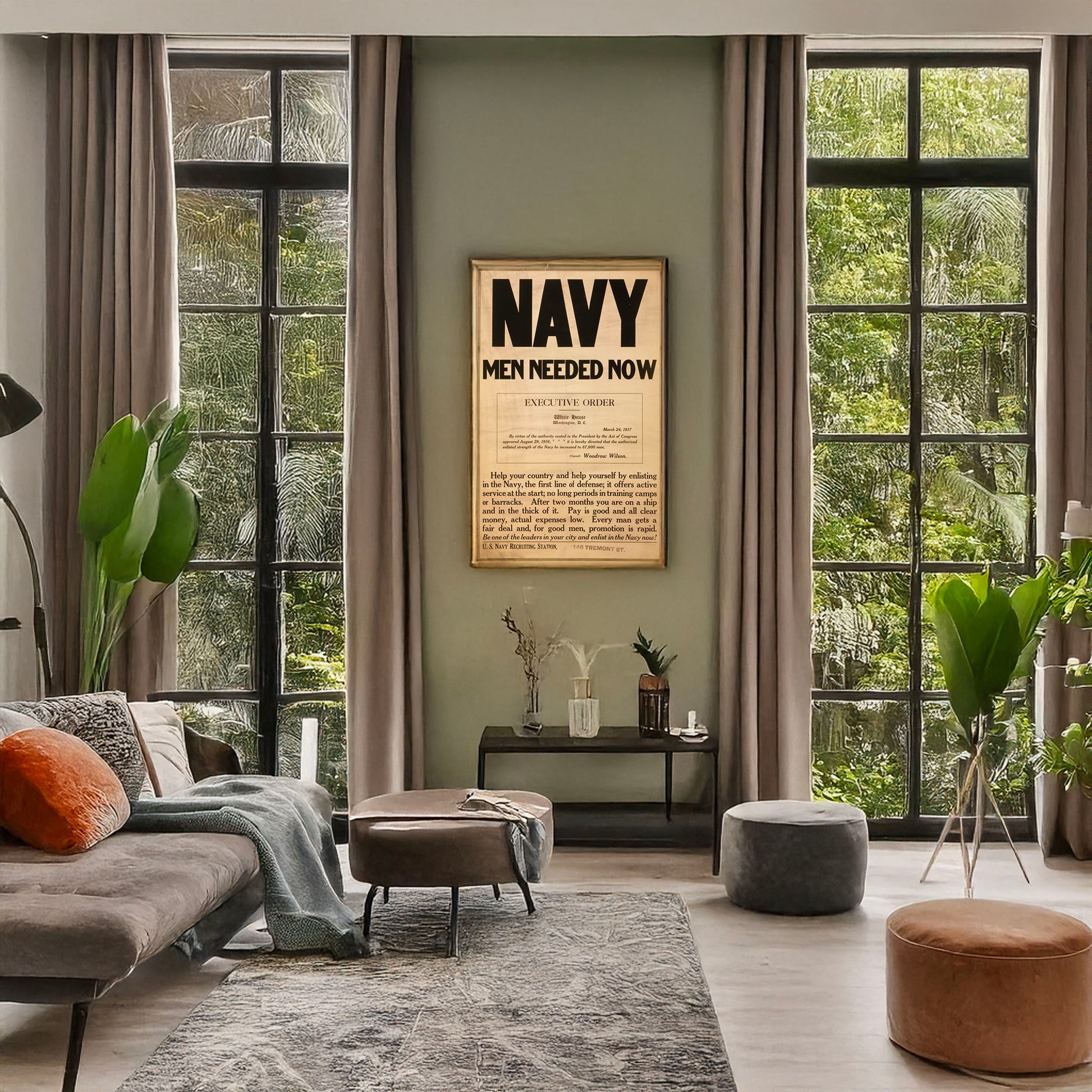A picture of Navy men needed now, a mockup of the print leaning against a wall