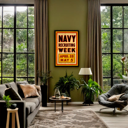 A picture of Navy recruiting week April 28th--May 5th., a mockup of the print leaning against a wall