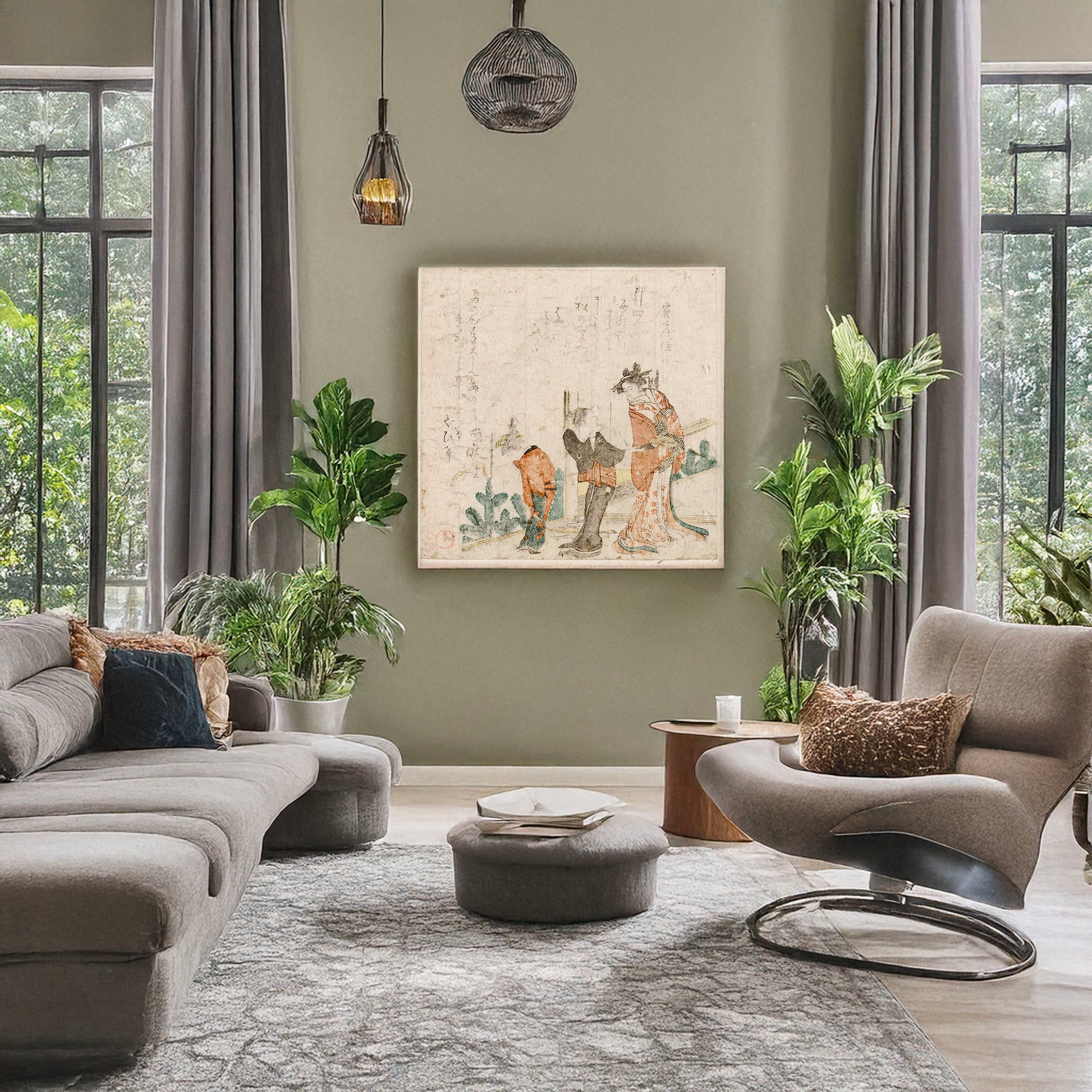 A picture of Ne no koku no yoshiwara, a mockup of the print leaning against a wall