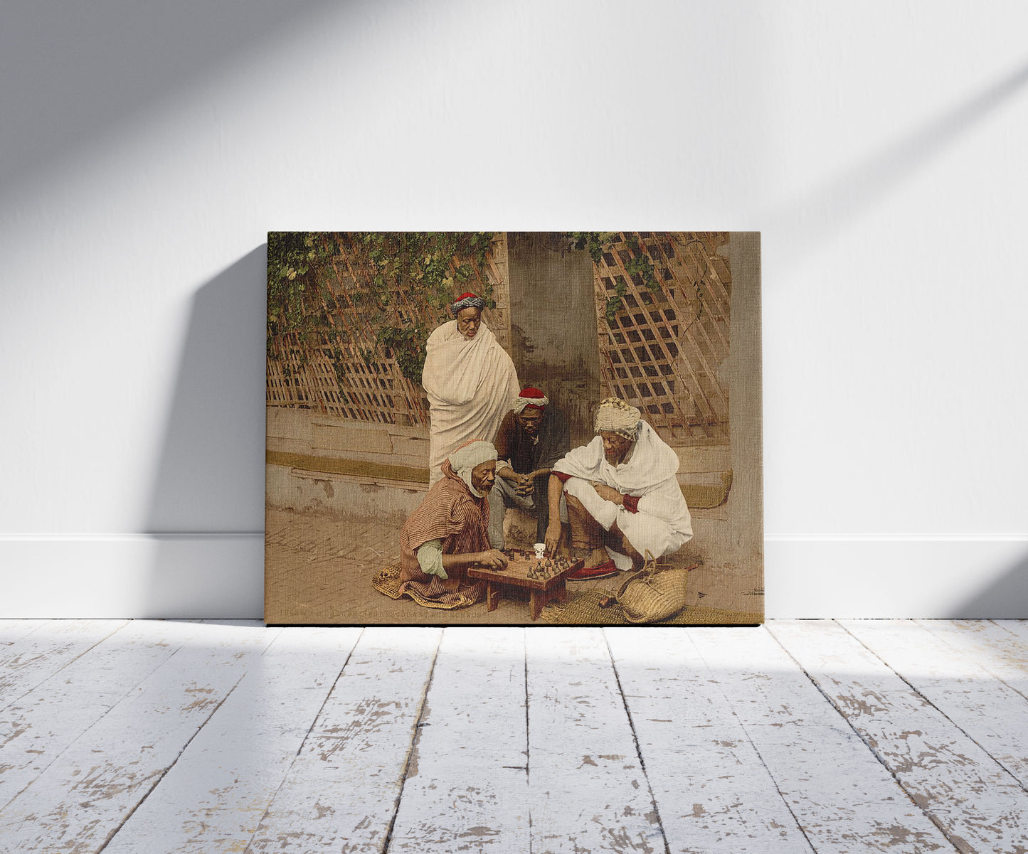A picture of Negroes playing chess, Algiers, Algeria, a mockup of the print leaning against a wall