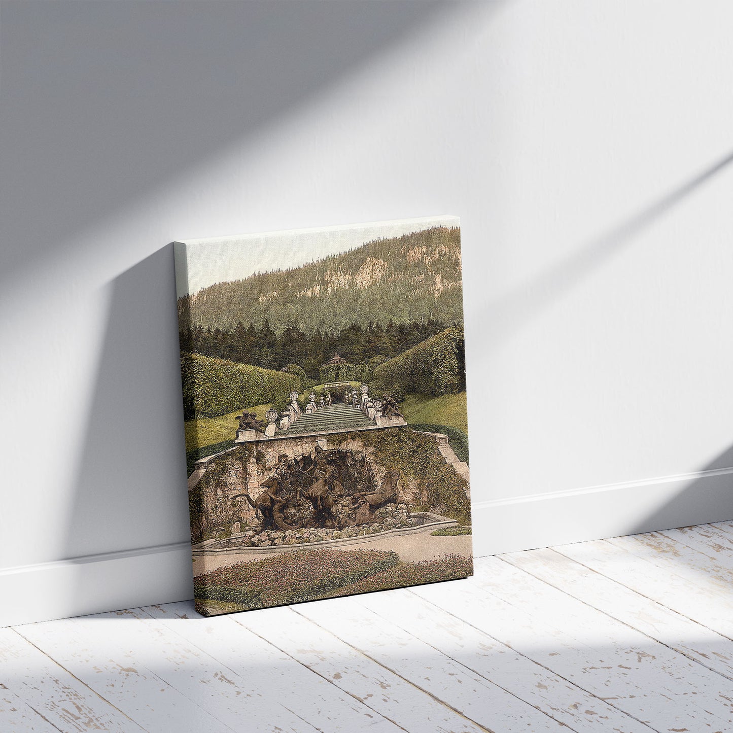 A picture of Neptune Fountain, Linderhof Castle, Upper Bavaria, Germany, a mockup of the print leaning against a wall