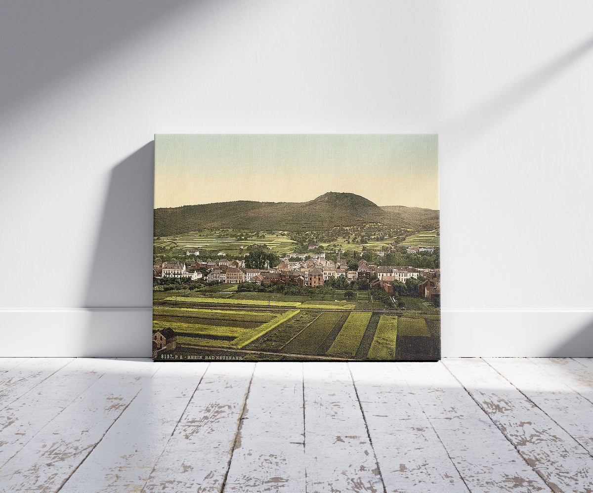 A picture of Neuenahr Bath (i.e., Bad Neuenahr-Ahrweiler), the Rhine, Germany, a mockup of the print leaning against a wall