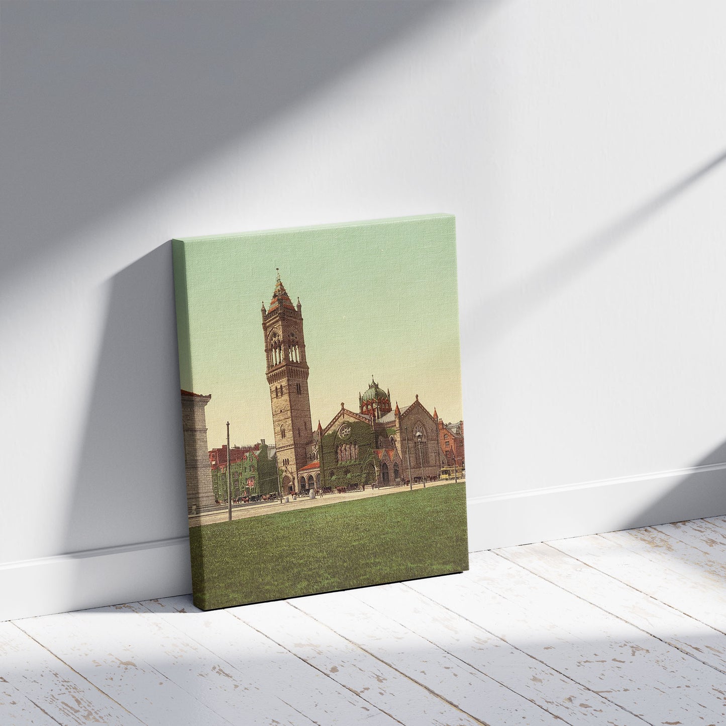 A picture of New Old South Church, Boston, a mockup of the print leaning against a wall