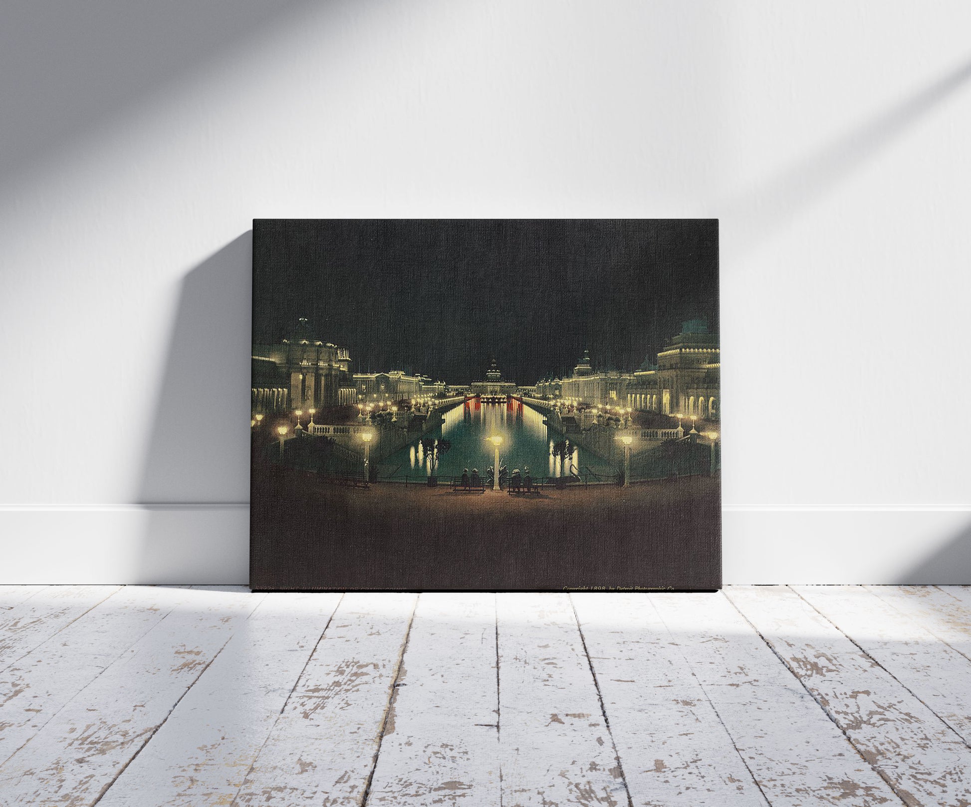 A picture of Night illumination Grand Court, a mockup of the print leaning against a wall