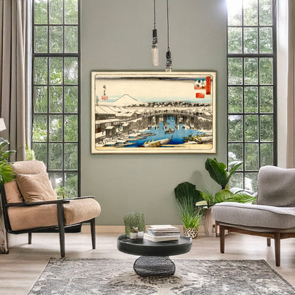 A picture of Nihonbashi yukibare, a mockup of the print leaning against a wall