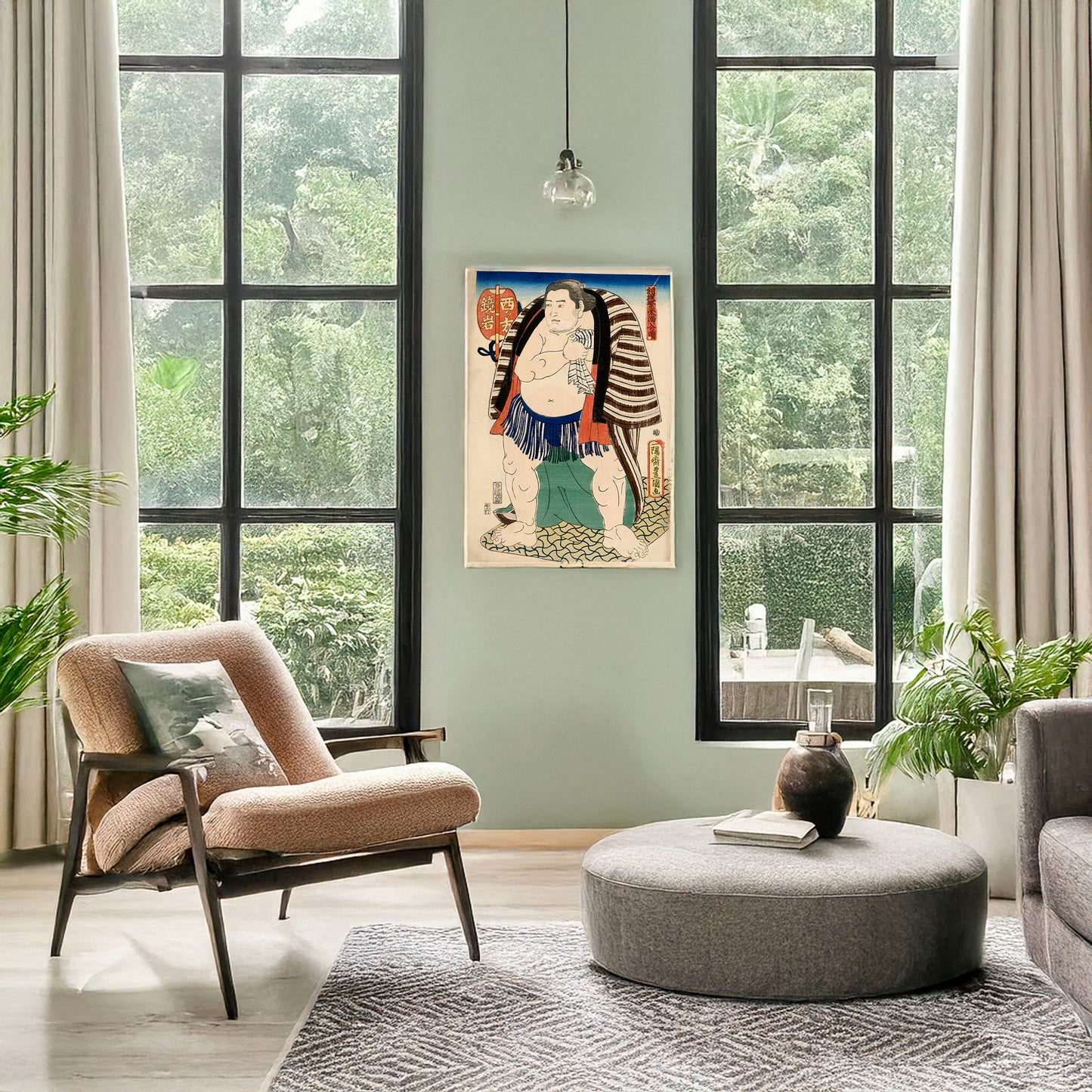 A picture of Nishi no kata Kagamiiwa, a mockup of the print leaning against a wall