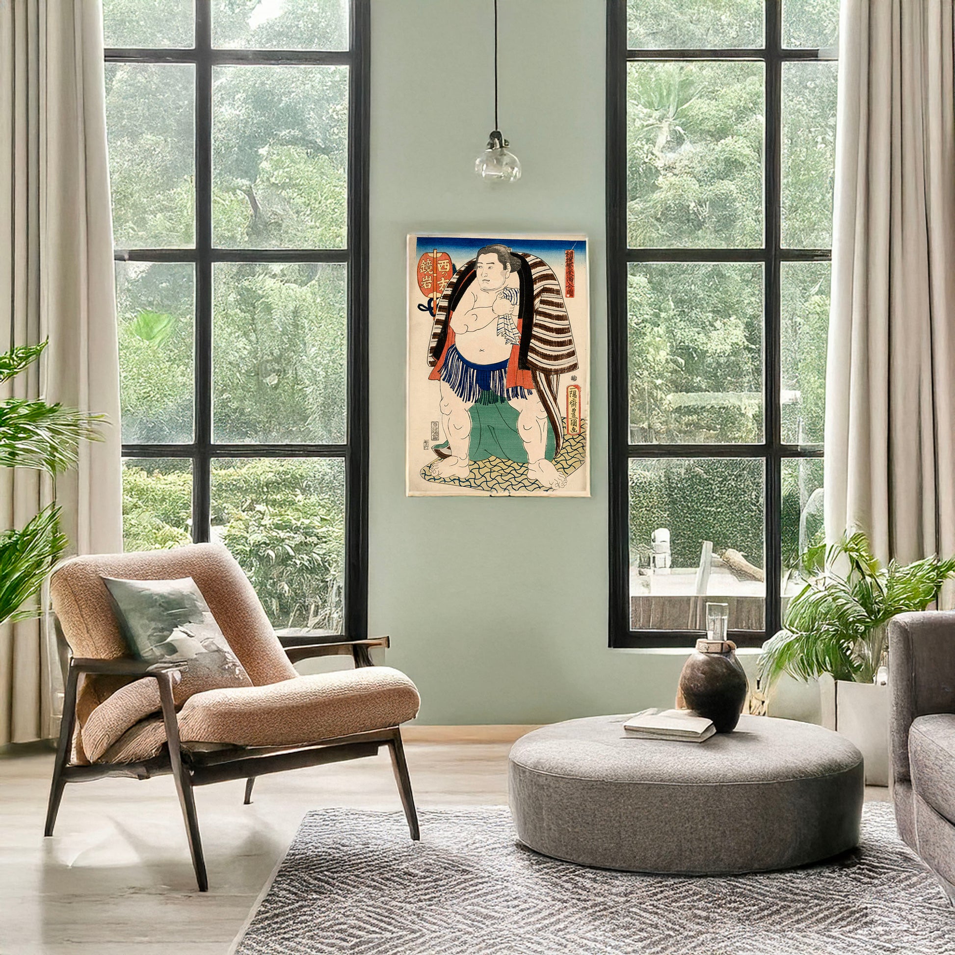 A picture of Nishi no kata Kagamiiwa, a mockup of the print leaning against a wall