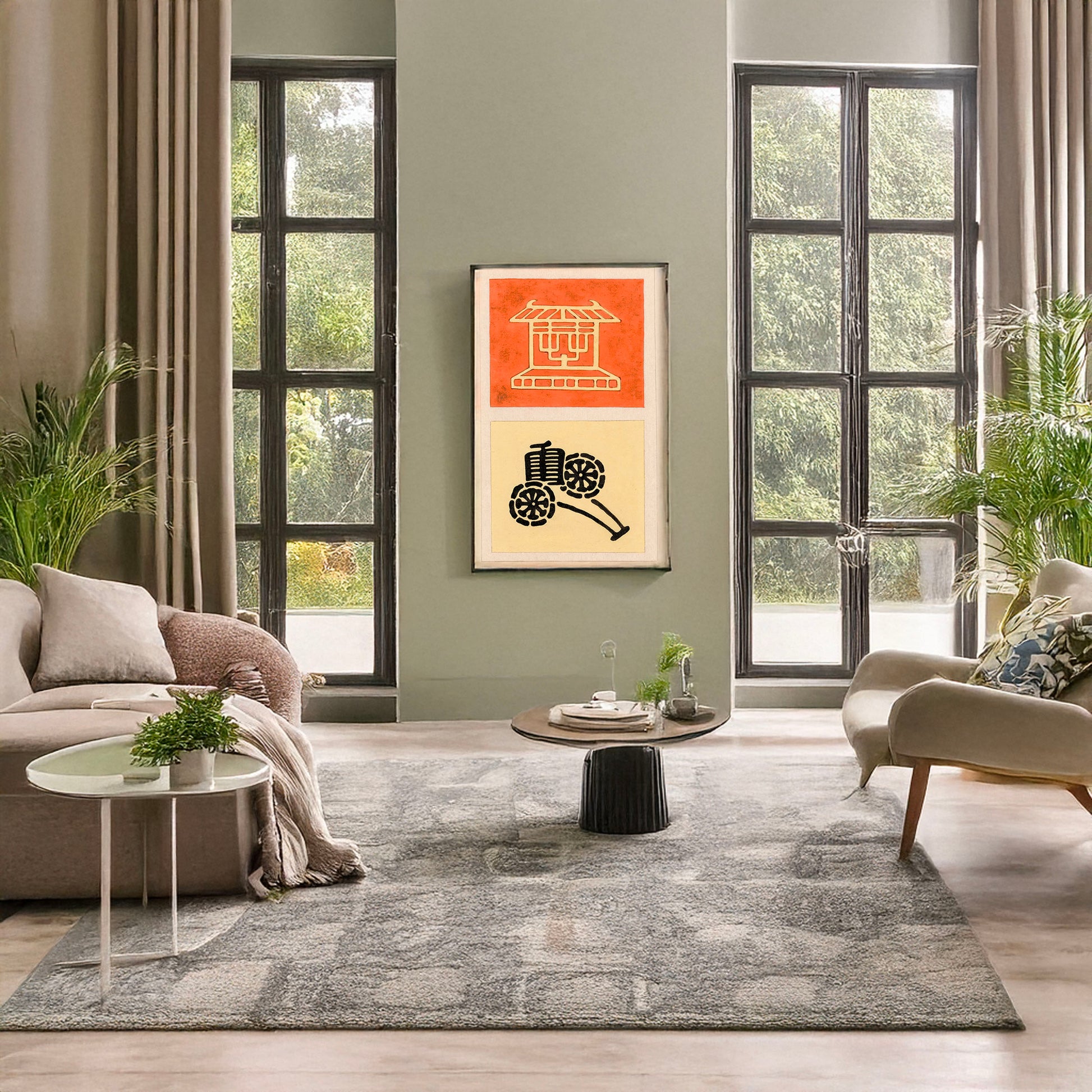A picture of Nishiki brocade with Amaterasu Kotai Jingu Shinto shrine Nishike brocade with wheelbarrow., a mockup of the print leaning against a wall