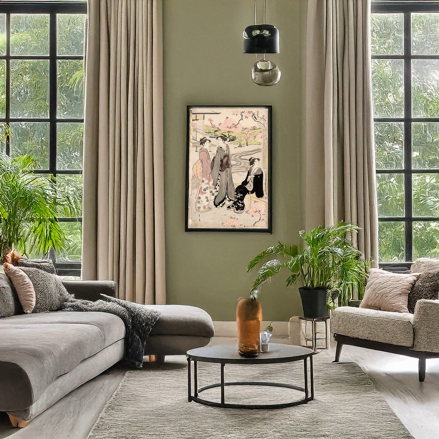 A picture of Niwa no hanami, a mockup of the print leaning against a wall