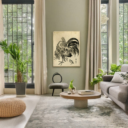 A picture of Niwatori, a mockup of the print leaning against a wall