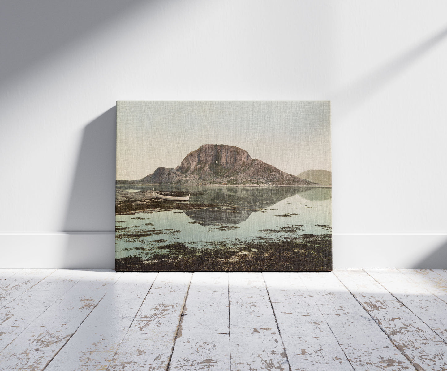 A picture of Nordland Torghatten, a mockup of the print leaning against a wall