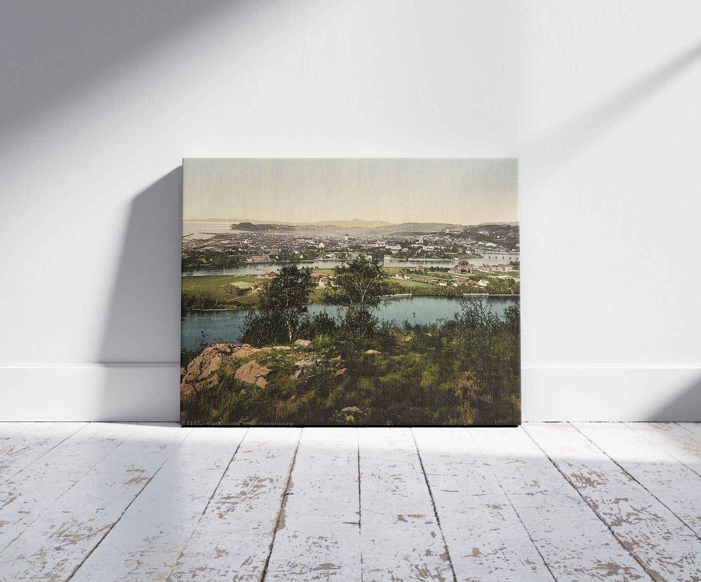 A picture of North Trondhjem, Trondhjem, Norway, a mockup of the print leaning against a wall