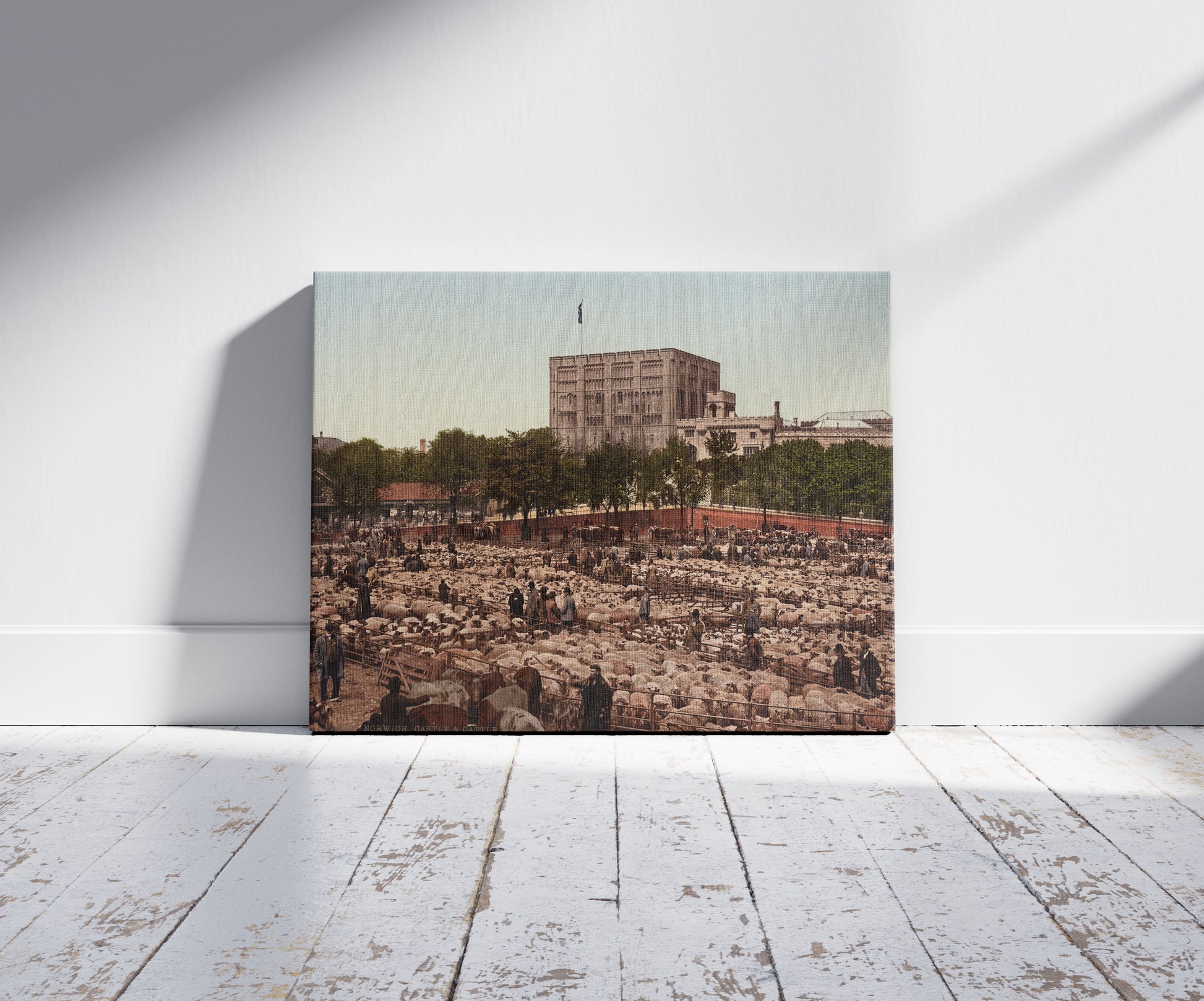 A picture of Norwich. Castle & Cattle Market, a mockup of the print leaning against a wall