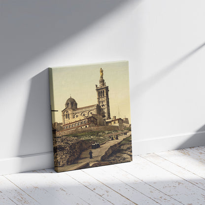 A picture of Notre Dame de la Garde I, Marseilles, France, a mockup of the print leaning against a wall