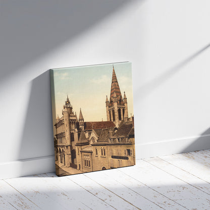 A picture of Notre Dame, Dijon, France, a mockup of the print leaning against a wall