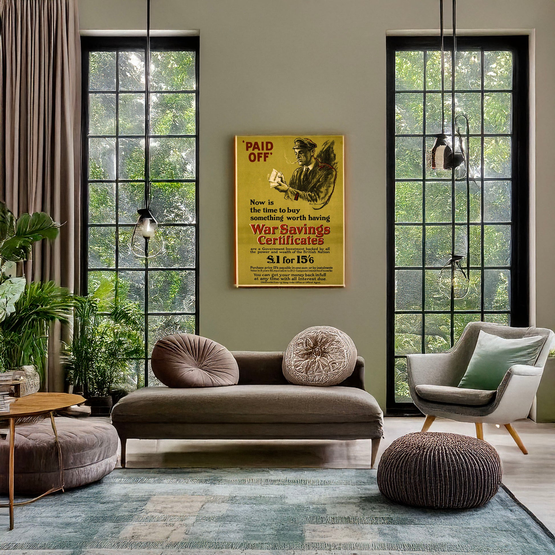 A picture of Now is the time to buy something worth having, war savings certificates, a mockup of the print leaning against a wall