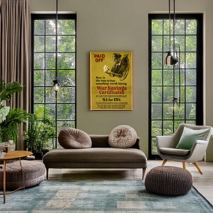 A picture of Now is the time to buy something worth having, war savings certificates, a mockup of the print leaning against a wall
