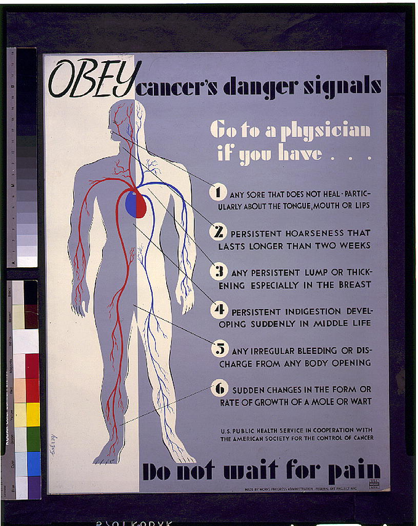 A picture of Obey cancer's danger signals Do not wait for pain : Go to a physician if you have ... /