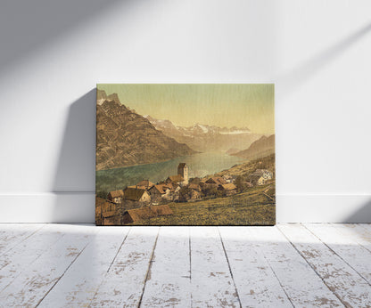 A picture of Obstalden, general view, Switzerland, a mockup of the print leaning against a wall