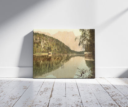 A picture of Oetz Valley, Pipurgersee (i.e., Pipurger See) and Acherkogel, Tyrol, Austro-Hungary, a mockup of the print leaning against a wall