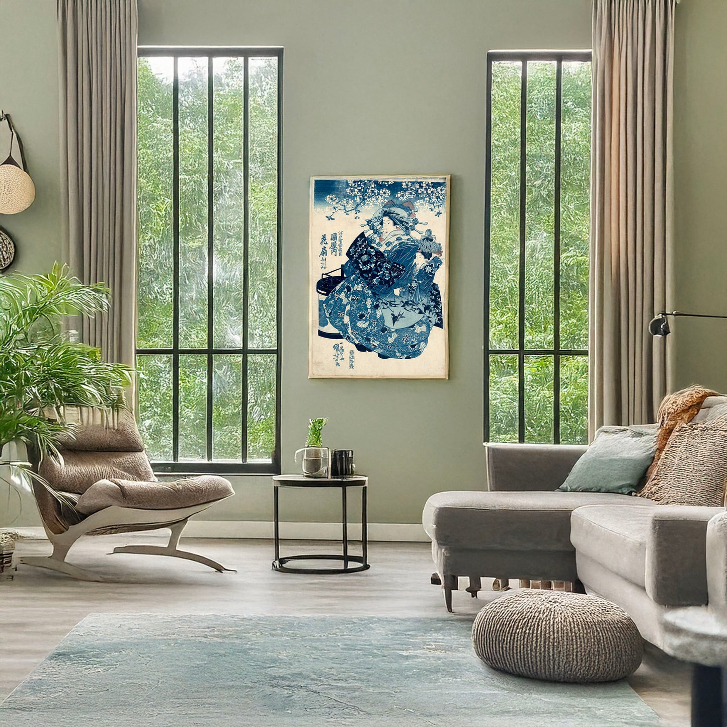 A picture of Ōgiya uchi hanaōgi, a mockup of the print leaning against a wall