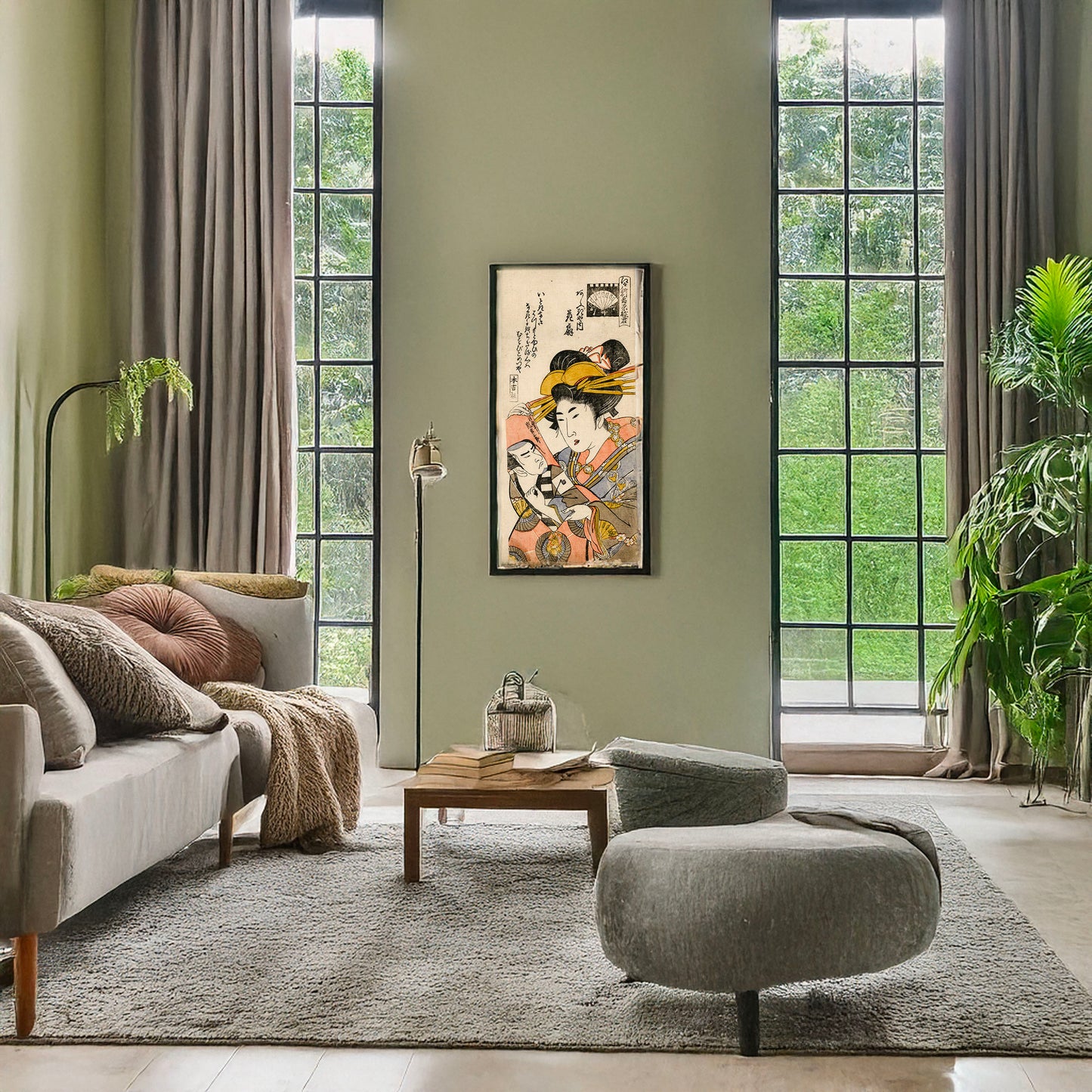 A picture of Ōgiya uchi hanaōgi, a mockup of the print leaning against a wall